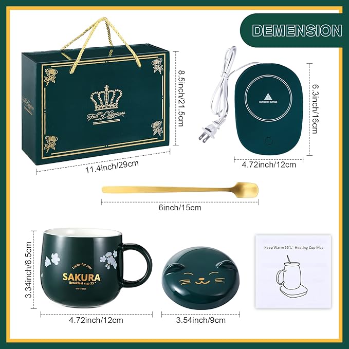 Honeydak Coffee Mug Warmer Cute Cat Mug Set Cup Warmer for Women Heated Coffee Warmers for Mom Home Office Desk Valentine's Day Anniversary Birthday Gifts(Sakura,Green)