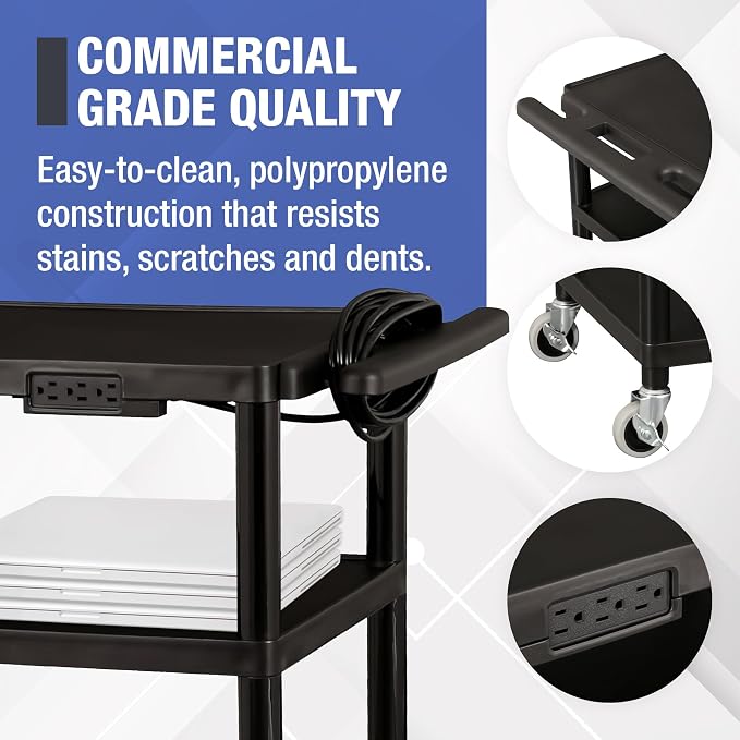 Norwood Commercial Furniture Mobile Utility AV Cart with Power Strip and Casters, Rolling Presentation and Media Cart on Wheels, Black