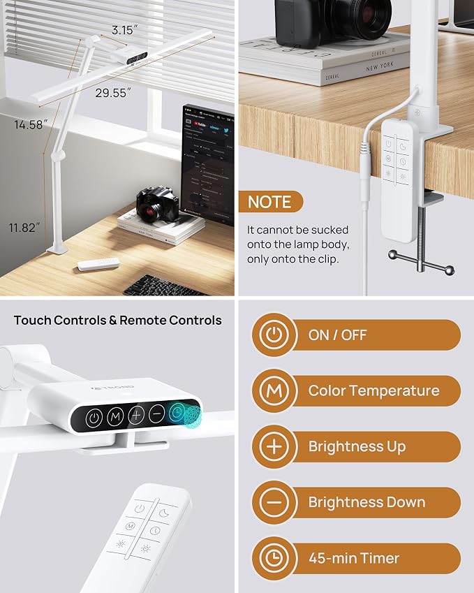 TROND LED Desk Lamp with Clamp, 29.55'' Tall Desk Light with Remote, White | 1500LM Bright Table Lamp, Swing Arm Clip on Light, Eye-Caring, Touch Control Dimmable for Home Office Monitor Reading