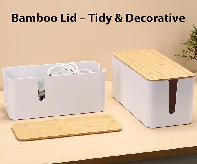 ZhiYo Large Cable Management Box, Thick ABS Power Strip Organizer, White | Extra-Tall Design for Oversized Adapters, Natural Bamboo Lid, Fits Power Strips Up to 12.5" Long, Ideal for Desks, TV Areas