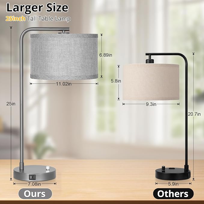 Gray Bedside Lamp with USB C+A Ports, Fully Dimmable Modern Nightstand Lamp | 25" Tall Side Table Lamp with Grey Fabric Shade, Reading Desk Lamp for Bedroom Living Room Office, 3000K LED Bulb Included