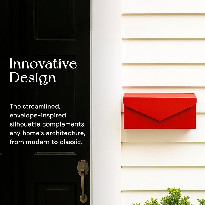 NACH Red Envelope Wall Mount Mailbox, Rust Resistant Metal Mailbox, Red Mailbox Wall Mount, Mailboxes for Outside Wall Mount, Outdoor Mailboxes, Wall Mailbox, 14.1 x 3.5 x 6 Inches, MB-6915RED