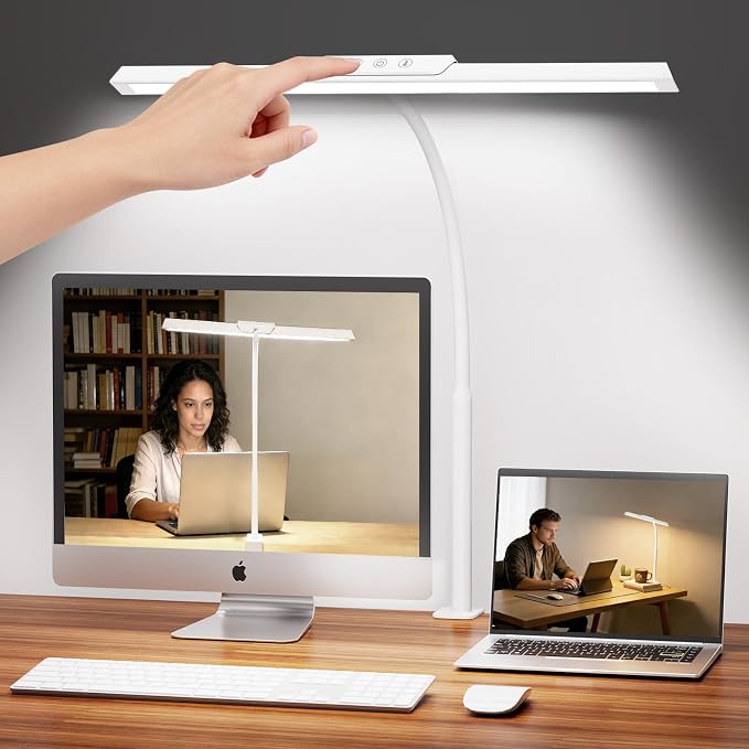 LED Desk Lamp for Office Home, Stepless Dimming Architect Desk Light with DC Adapter, Eye-Caring Desk Lamp with Clamp, 25 Lighting Modes Adjustable 12.8in Flexible Gooseneck for Workbench(White)