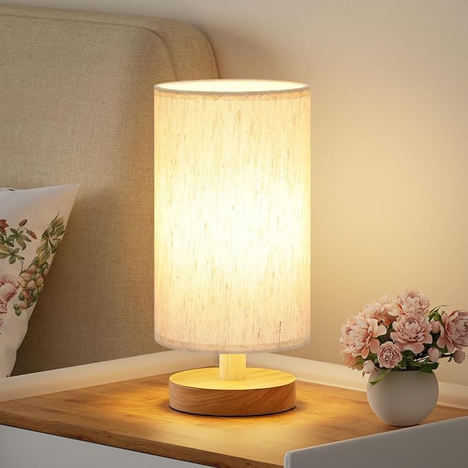 9" Small Table Lamp for Bedroom - Inline Control with 3000K Blub | Cream Shade and Wood Base | 680 Lumens | Easy Assembly | Minimalist Design | E26 | for Kitchen | for Kids Room