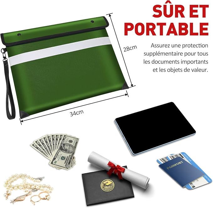 Vailoin 6200°F Fireproof Document Bag, 8 Layers of Heat Insulated Materials | Double-sided Reflective Strip, Waterproof Zipper,Certified to SGS UL94 V-1, for Tablet, Cash, A4-sized documents（Green)
