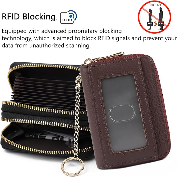 imeetu RFID Credit Card Holder, Small Card Wallet Women, Leather Card Case | Genuine Leather Women's Card & id Cases, Change Coin Purse with Zipper Keychain id Window, 20 Colors & 3 Styles, Daily, Gifts