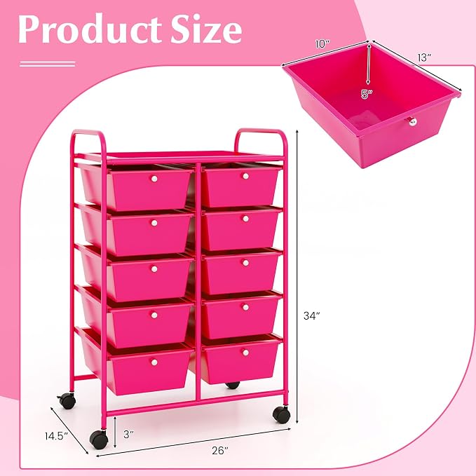 RELAX4LIFE 10-Drawer Rolling Storage Cart - Mobile Craft Art Supply Storage Organizer for Tool Scrapbook Paper Salon, Office School Classroom Teacher Rolling Cart with Drawers, Utility Cart on Wheels