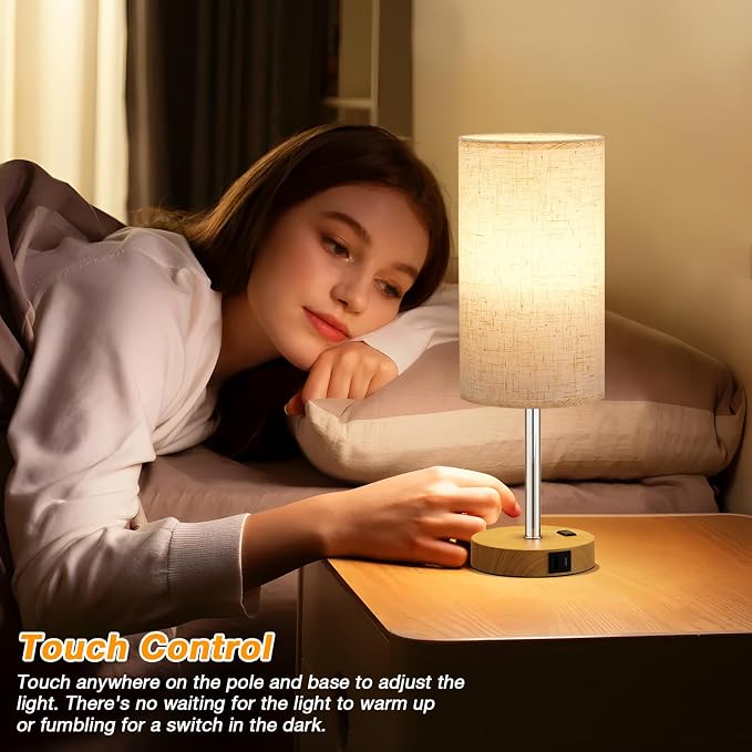 Dicoool 17.4" Bedside Lamp for Bedroom - Dimmable Touch, USB A+C, AC Outlet | LED Bulb Included, 3-Way Dimmable, 17.4" Table Lamp for Guest Room, Living Room, Fabric Lampshade, Wood-Grain Metal Base