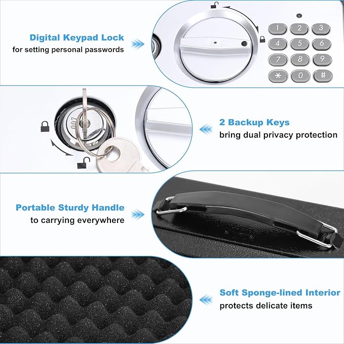 KYODOLED Safe Box with Digital Keypad Lock, Lock Box with Code for Personal Items, Metal Security Box for Cash, Passport, Jewelry, Ideal for Home, Office, Garage Sale, 11.8'' x 9.4'' x 3.5'', Black