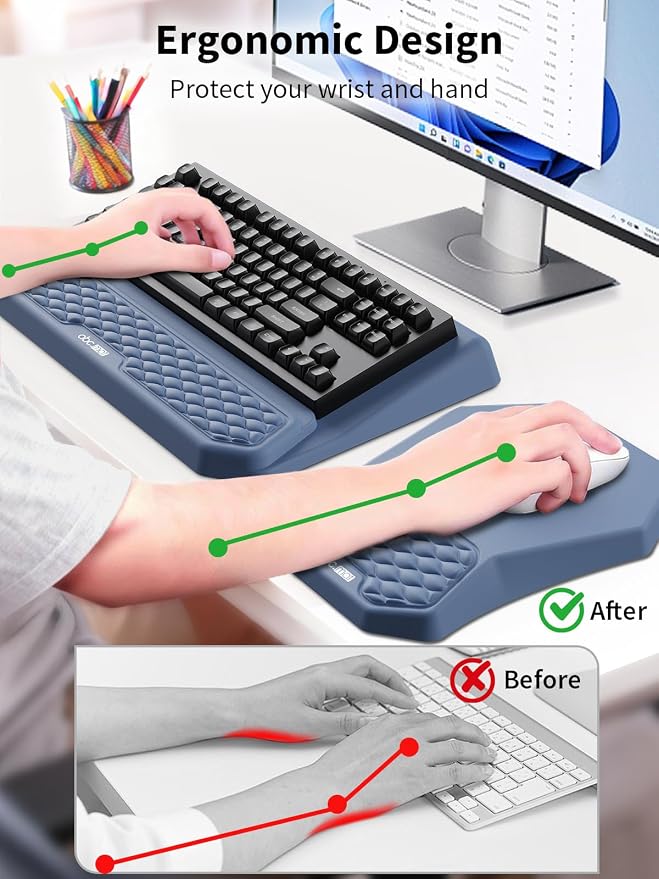 3-in-1 Ergonomic Keyboard Stand with Wrist Rest & Mouse Pad Set, Blue | Comfy Keyboard Riser Holder Soft Mousepad with Massage Design, Memory Foam and Non-Slip PU Base for Pain Relief