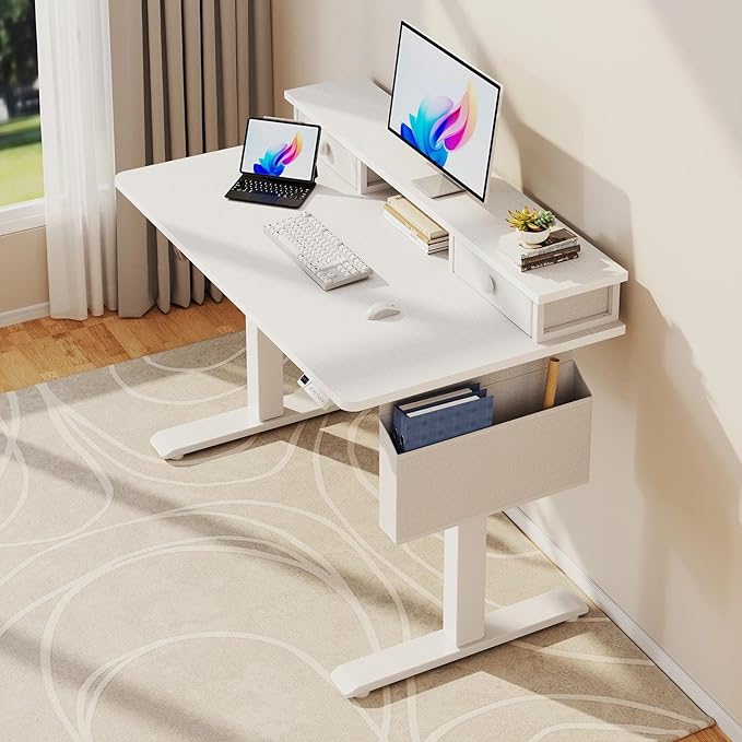 White Electric Standing Desk with Drawers - 40 Inch Small Standing Desk with Shelf Monitor Stand Storage Height Adjustable for Home Office, Study Writing Girls Computer Sit Stand Desks for Bedroom