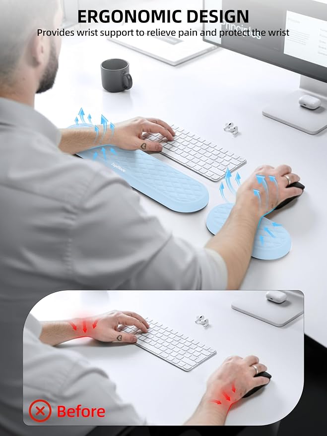 TopMade Upgraded Wider Wrist Rest Set, Soft Memory Foam Keyboard Hand Rest Pad, Computer Ergonomic Keyboard Mouse Wrist Support for Typing Pain Relief, Comfort for Office, Gaming, Study, White Ice