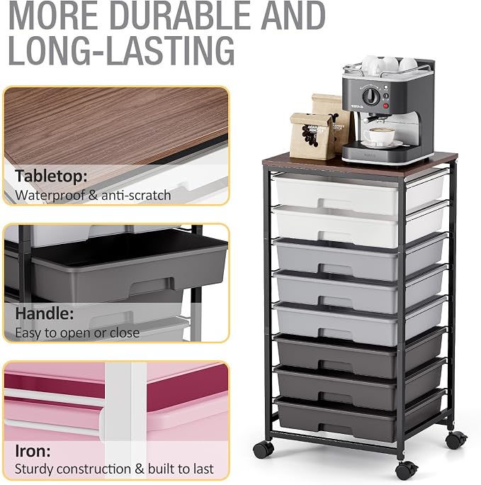 Rolling Storage Cart with 8 Drawers, Utility Cart on Wheels with Wooden Tabletop, Utility Cart for Teacher Storage, Office Organizer, Classroom Storage Cart, Craft Storage, Grey | Utility Cart on Wheels with Wooden Tabletop,Teacher Organization for Cla...