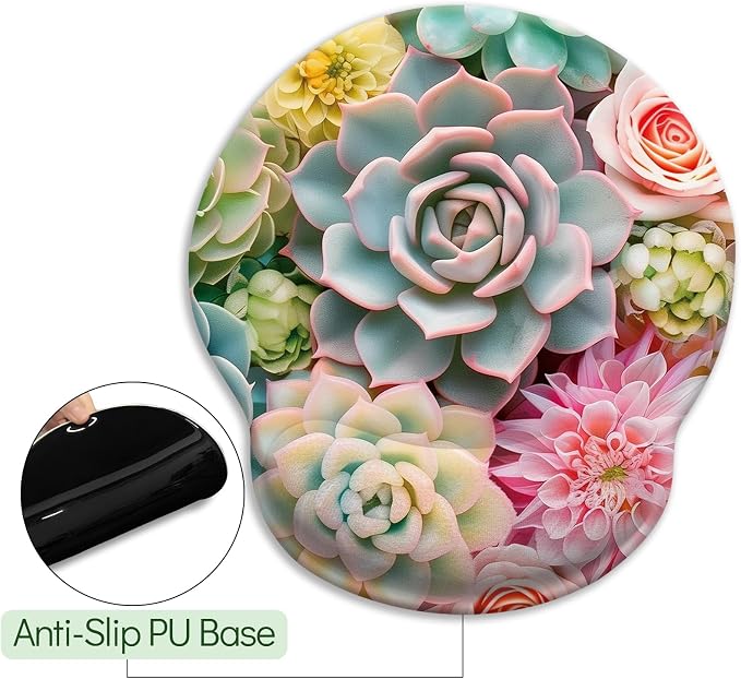 LIMKRIAN Ergonomic Mouse Pad with Wrist Rest, Succulents Office Supplies | Non-Slip PU Base, Smooth Surface, Cooling Gel Eases Wrist Pain, Cute Mousepad for Computer, Laptop, Office Desk Accessories