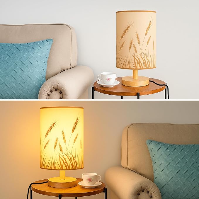 Desk Lamp LED Bulb Included, Small Bedside Table Lamp Plug-in - Classic Wood Base with Flaxen Fabric Shade, Lamps for Night Stands, Simple Nightstand Light for Bedroom, Office, Desk