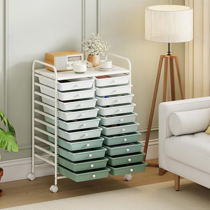 Giantex 20 Drawers Rolling Cart, Mobile Storage Drawer Cart, Classroom Organizer Cart for Office School Supplies Tools Scrapbook Paper Craft Small Printer, Utility Cart on Wheels, Green Gradient