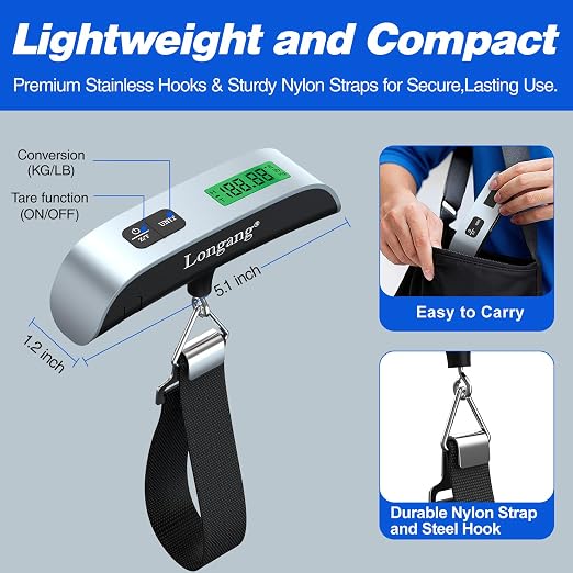 Digital Hanging Luggage Scale with Backlit for Travel, Portable Handheld Suitcase Weight Scale with Hook, 110 Pounds, Battery Included