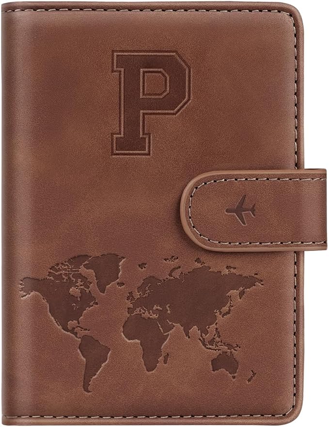 Passport Holder Wallet Cover Personalized Initial Travel Essentials | Embossed Letter A-Z Design, Travel Wallets, RFID Blocking, Passport Book Holders, Women Men, Personalized Gifts, Brown-P