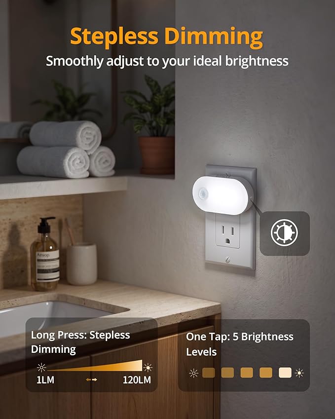Lyridz 120LM Ultra Bright Plug-in Motion Sensor Night Light, Stepless Dimmable LED Nightlight, Always-On and Auto-Off, for Hallway, Stairs, Bathroom, Bedroom, Garage, Cool White (6-Pack)