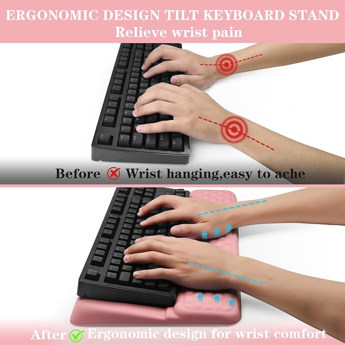 Computer Keyboard Stand with Wrist Rest Support Pad, Pink | Ergonomic Comfy Tilted Keyboard Stand Riser Holder Pad for Pain Relief, Soft Memory Foam Desk Cushion for Office Home