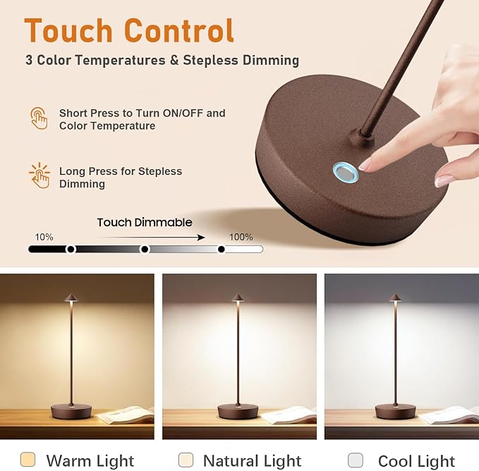 Set of 2 Cordless Rechargeable Led Table Lamp Battery Operated Light Rust | 6000mAh Touch 3 Color Dimming Portable Metal Outdoor Waterproof Light for Patio/Restaurant/Dining/Home