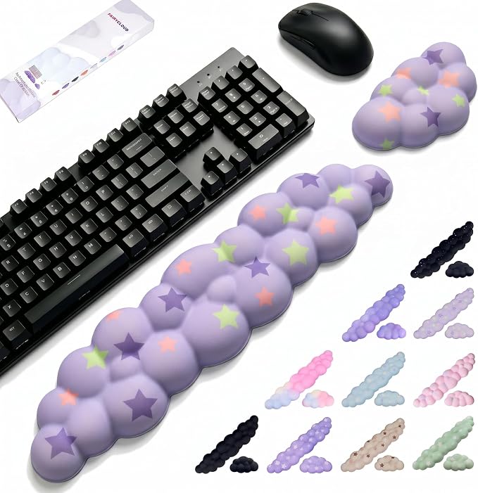 Cloud Wrist Rest Set for Keyboard & Mouse,Light Purple Colorful Star | Memory Foam Arm Rest with Ergonomic Support Fits Full Keyboards and Reduces Typing Fatigue for Office, Gaming and Home Use