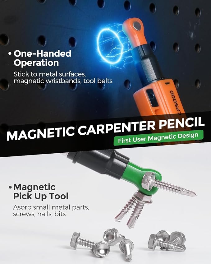 Nicpro 7-in-1 CP5000 Magnetic Carpenter Pencils with Sharpener, 3 Pack Construction Mechanical Pencil+30 Refill, Deep Hole Marker for Construction, Woodworking Pencil, Carpenter Tools for Marking