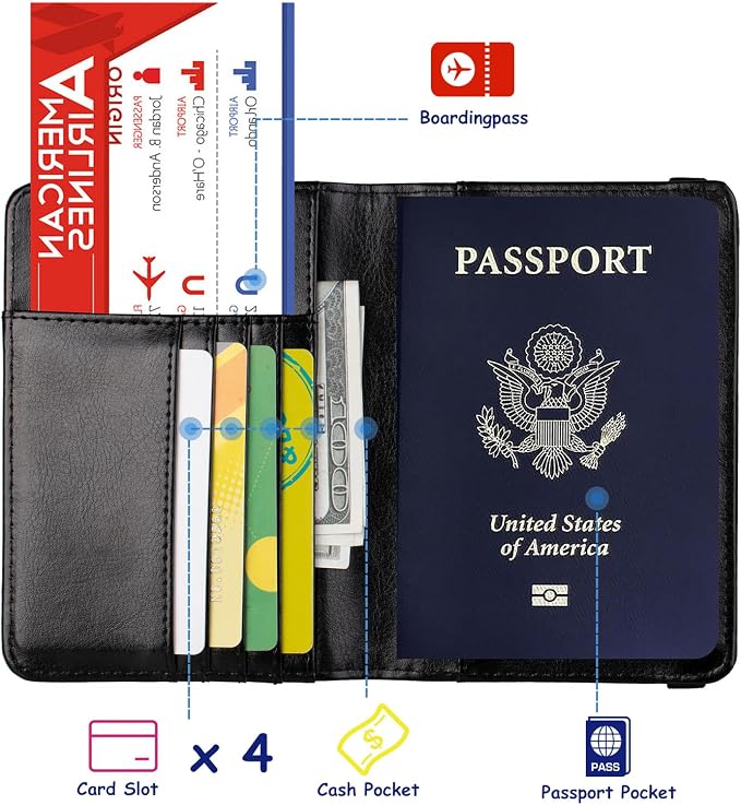TOURSUIT RFID Blocking Passport Holder, Leather Travel Wallet, Black | Travel Document Holder Cover Accessories, 3D Metal Badge, For Women Men
