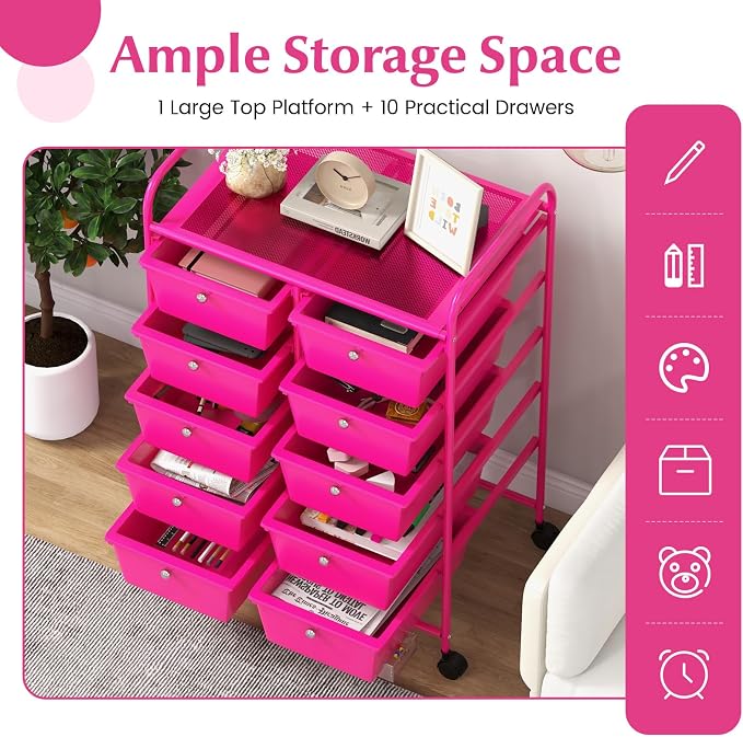 10 Drawer Rolling Cart, Storage Cart Organizer on Wheels, Drawer Cart with Metal Frame & Large Storage Capacity, Rolling Cart with Drawers for Living Room Classroom, Office