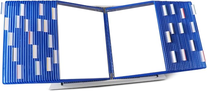Tarifold Desktop Reference Display System, 50 Pockets, Expandable, Blue | 50 double-sided PVC pockets, holds 100 letter-size sheets, sturdy metal base, quick-find indexing, quick and easy to assemble