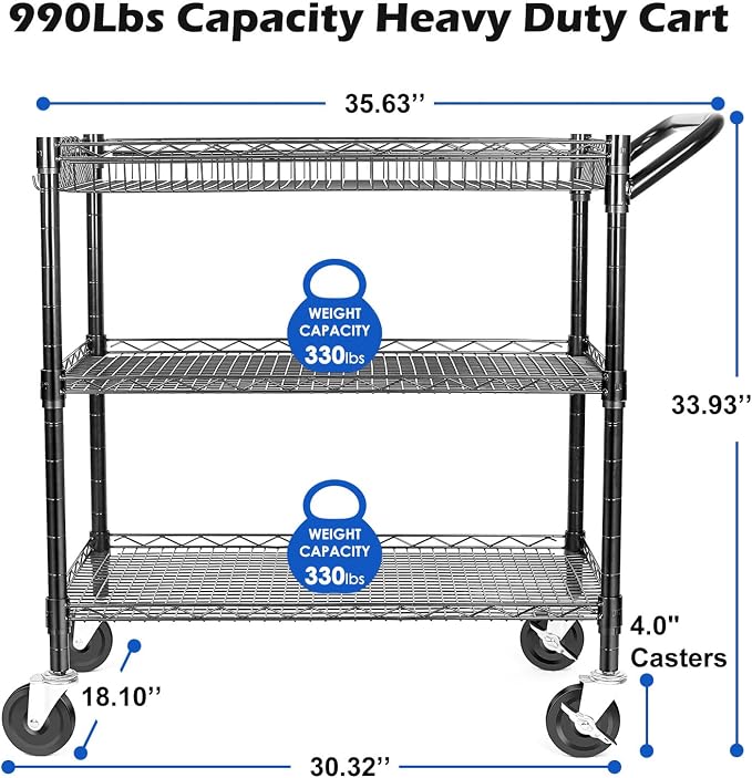 990Lbs Capacity Heavy Duty Rolling Utility Cart, NSF Rolling Carts with Wheels,Commercial Grade Metal Cart with Handle Bar & Shelf Liner,Trolley Serving Cart for Restaurant,Kitchen,Black