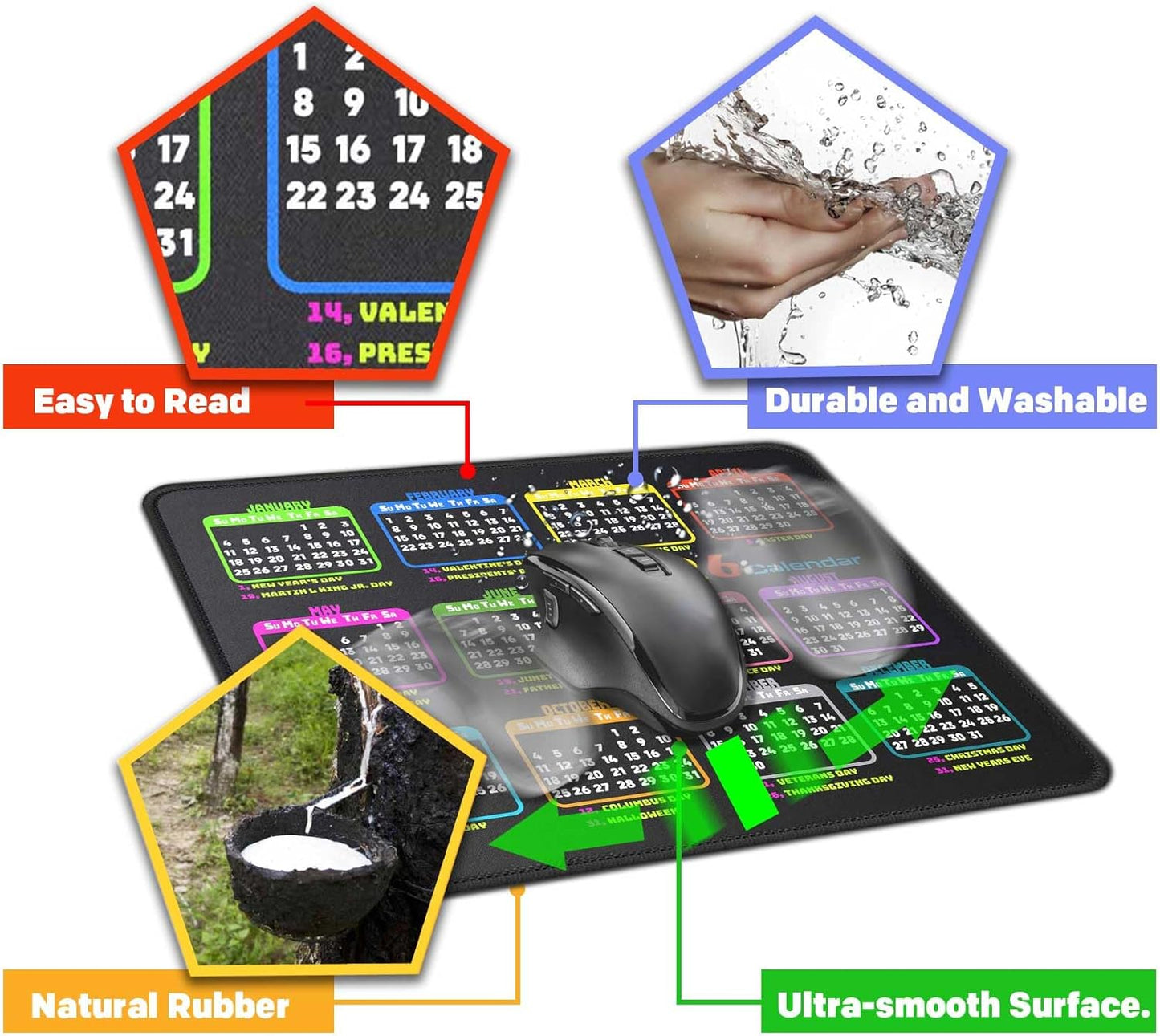 Calendar Mouse Pad 9.5 X 7.8 in, Mouse Pads with Stitched Edges and Non-Slip Rubber Base, Home Office Desk Decor Accessories for Computer Laptop Work Gaming (Black 2026 with Holidays)