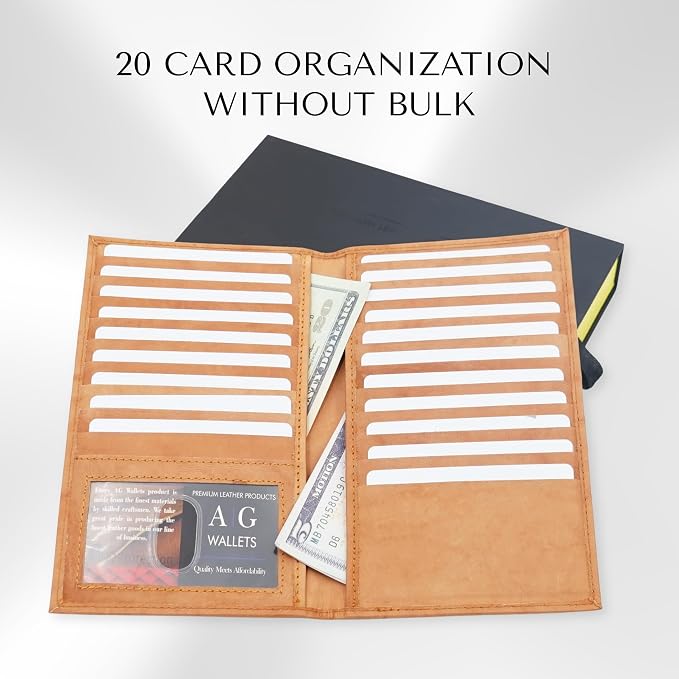20 Card Wallet for Men, Long RFID Leather Credit Card Holder, Tan | 2 Bill Compartments | ID Window | Open Bifold | Organized Carry | Jacket Friendly