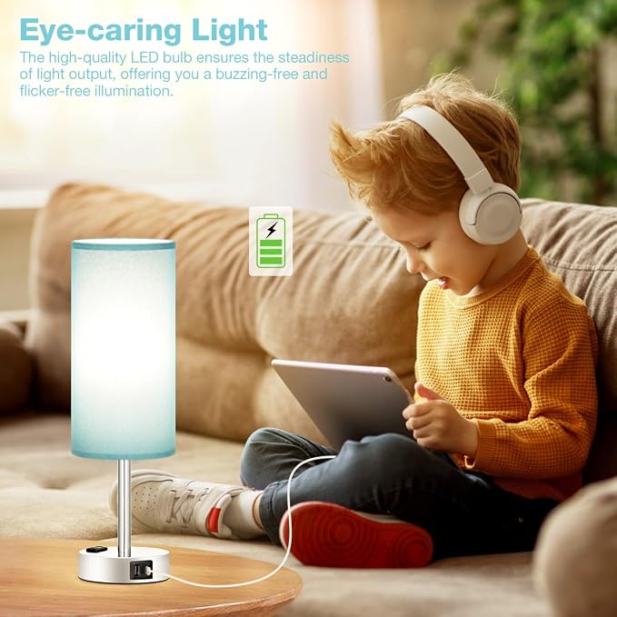 Turquoise Nightstand Table Lamp for Bedroom - 3 Way Dimmable Touch Lamp USB A and C Charging Ports and AC Outlet, Small Lamp for Office Desk with Metal Base, LED Bulb Included