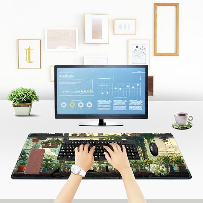 ToLuLu Extended Gaming Mouse Pad, Memory Foam Keyboard Mouse Wrist Rest Set | Large Desk Mat with Stitched Edges, Non-Slip Base Ergonomic Support Mousepad Home office, Cute Green Japanese Kawaii Cat