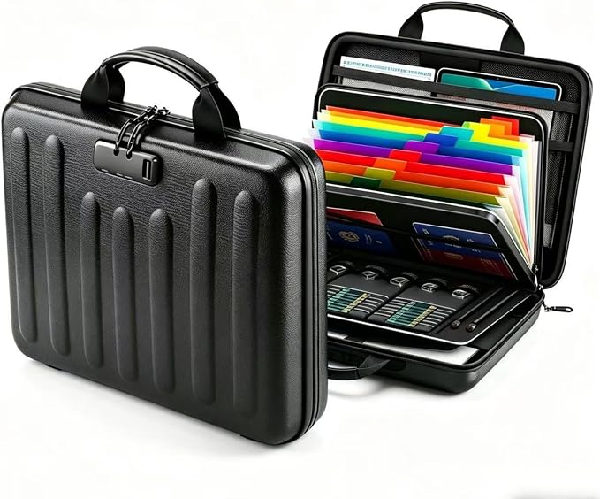 Fireproof Document Organizer with Lock, Waterproof Hard-Shell File Organizer, 13 Pocket Accordion Folder, Portable Safe Storage for A4 Files, Passports & Certificates, Home Office Travel Use, Black