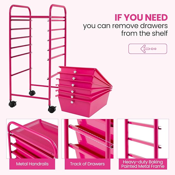 COSTWAY 6-Drawer Rolling Storage Cart, Art Craft Tools Organizer on Wheels | Multifunctional Heavy Duty Utility Mobile Storage Trolley w/ 2 Lockable Wheels for Home Office School (Hot Pink)