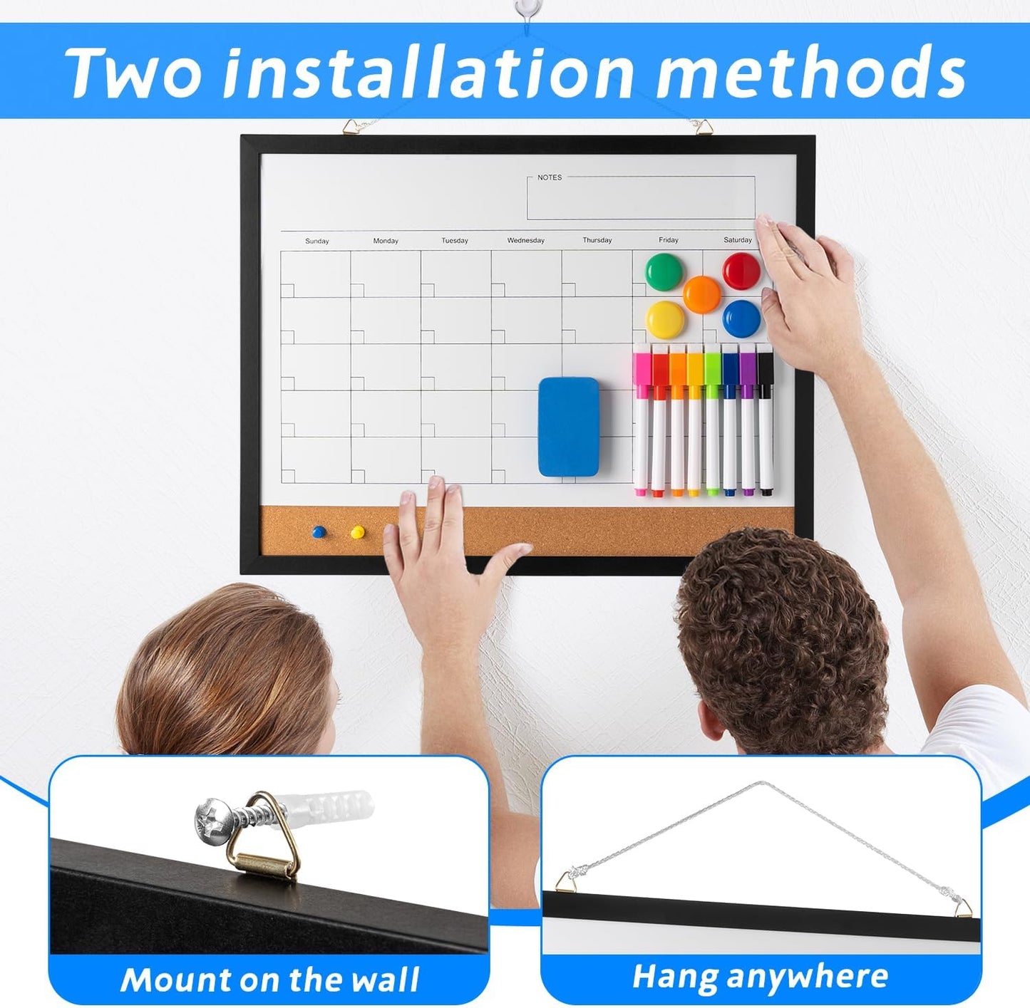 Dry Erase Calendar Whiteboard, 17" x 13" Magnetic Whiteboard Cork Board Combo, Reusable Monthly Planner with 8 Markers, Eraser, Magnets and Pushpins, Hanging Dry Erase Board for Home, School - Black