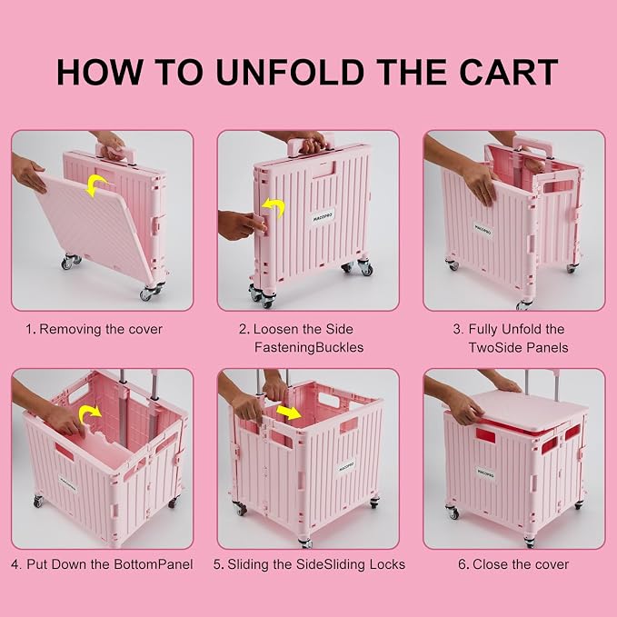 MACOPRO Folding Utility Cart Portable Rolling Crate Handcart Shopping Trolley Collapsible Tool Box, with Lid, Basket on 4 Rotate Wheels, for Grocery, Shopping, Office, Teacher (Pink)
