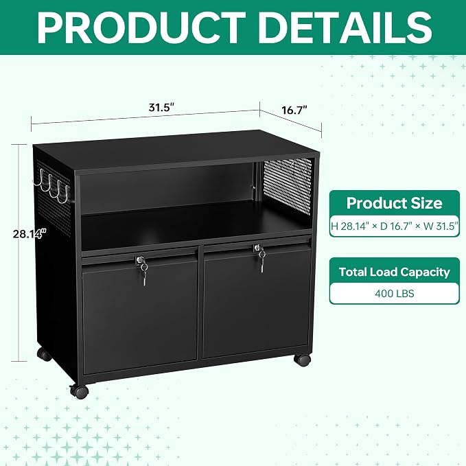 Mobile 2 Drawer File Cabinet with Lock, Metal Lateral Printer Stand Filing Storage Cabinets with Shelves for Home Office-A4/F4/Letter (Black)