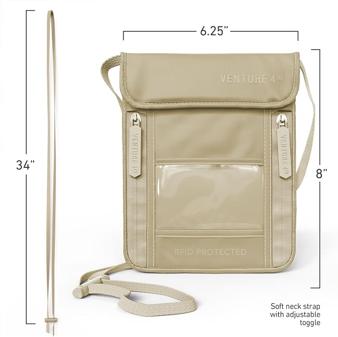VENTURE 4TH Travel Neck Wallet, RFID Blocking Passport Holder - Sleek Beige