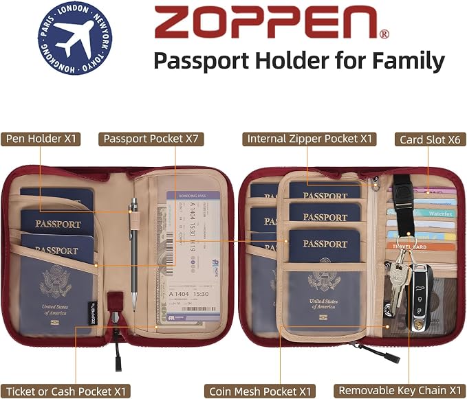 Passport Holder Family RFID Passport Wallet, Passport Holder Women/Men, Travel Wallet Documents Organizer Zipper Case with Removable Wristlet Strap, Travel Essentials for Flying