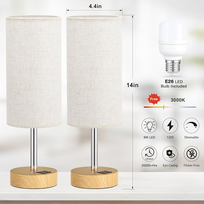 Dicoool Bedside Table Lamp Set of 2-3-Way Dimmable Touch Lamp, USB A+C | LED Bulb Included, USB C+A Charging Ports, Cream Fabric Lampshade, Metal Base, 14" Small Lamps for bedroom, Living Room