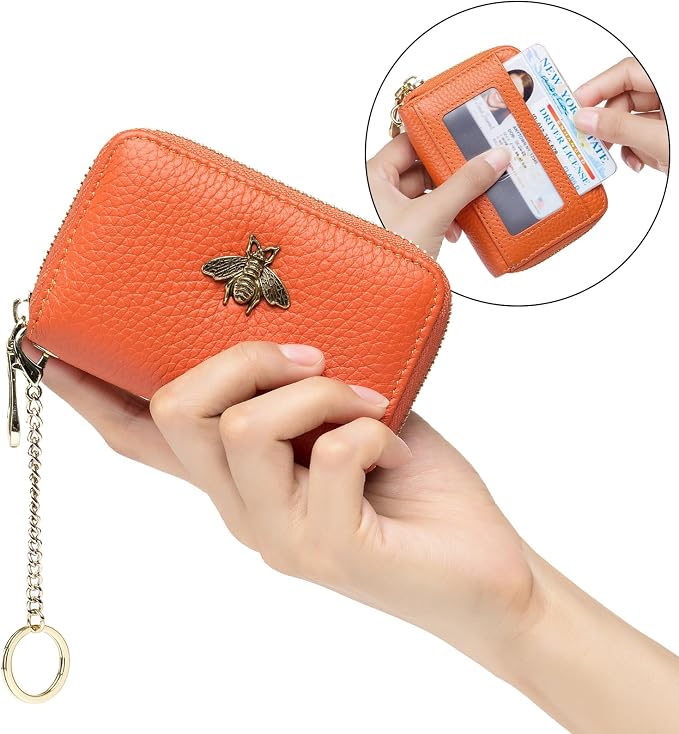 imeetu RFID Credit Card Holder, Small Card Wallet Women, Leather Card Case | Genuine Leather Women's Card & id Cases, Change Coin Purse with Zipper Keychain id Window, 20 Colors & 3 Styles, Daily, Gifts