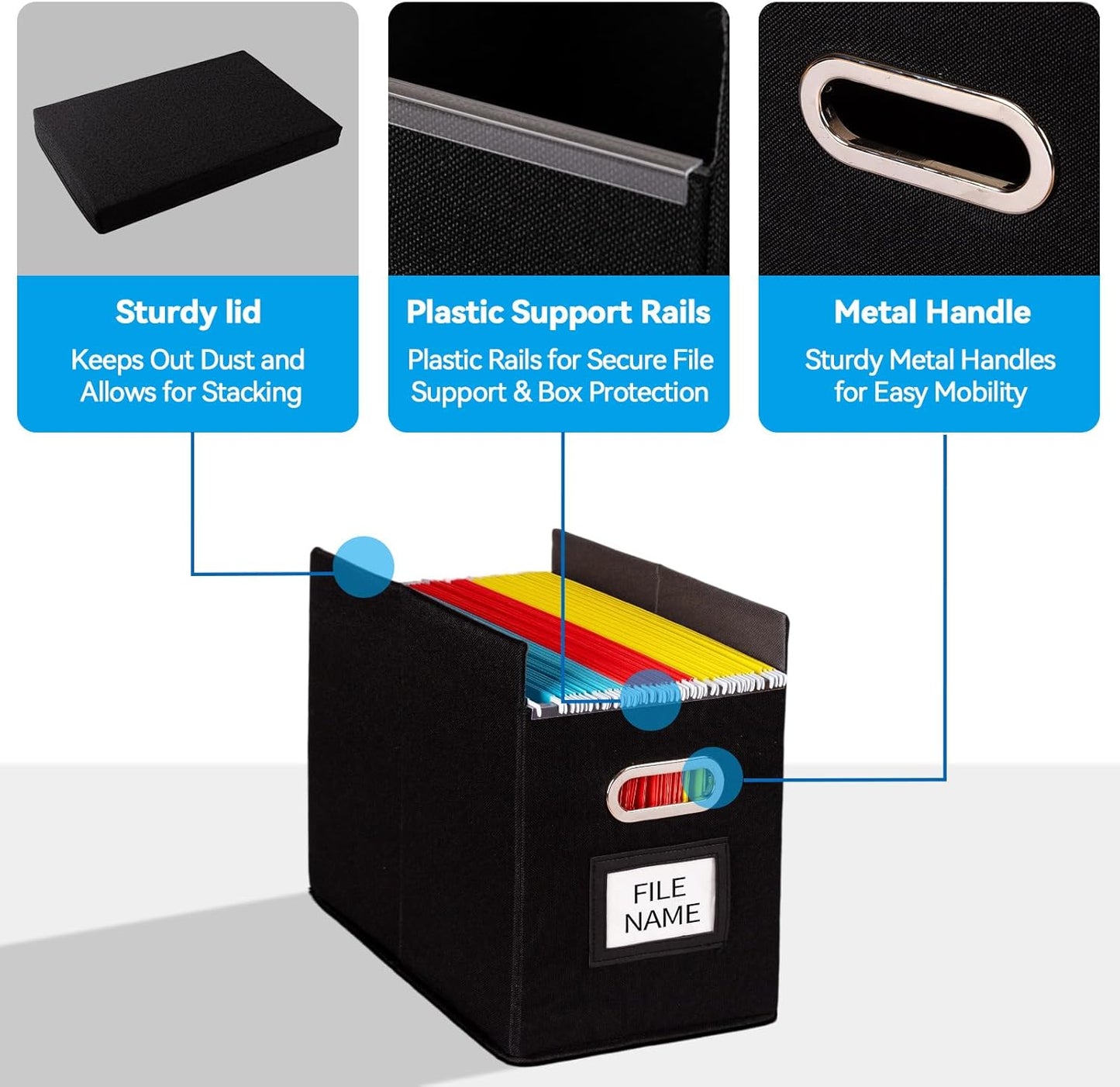 2 Pack Hanging File Folders Organizer with Lid, Letter Size Fabric File Storage Box Collapsible, Portable Office Document Holder with Metal Handle, Smooth PVC Rails, Black