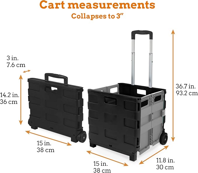 Ultra-Slim Rolling Collapsible Storage Pack-N-Roll Utility-carts, with Telescopic Handle, for Home, Garden, Shopping, Office, School use, Medium, Grey & Black