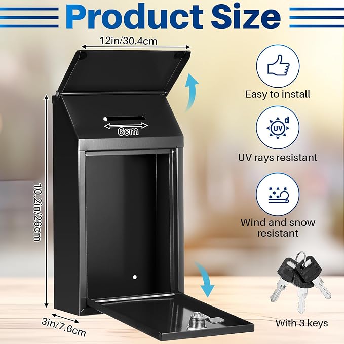 Yaocom Metal Money Box,Black,10.2 x 5.7 x 3 Inch,with Lid | Wall Mounted Drop Donation Cash Box for Farm Stand Collection Safe Suggestion Box with Lock Container for Home Office Outdoor