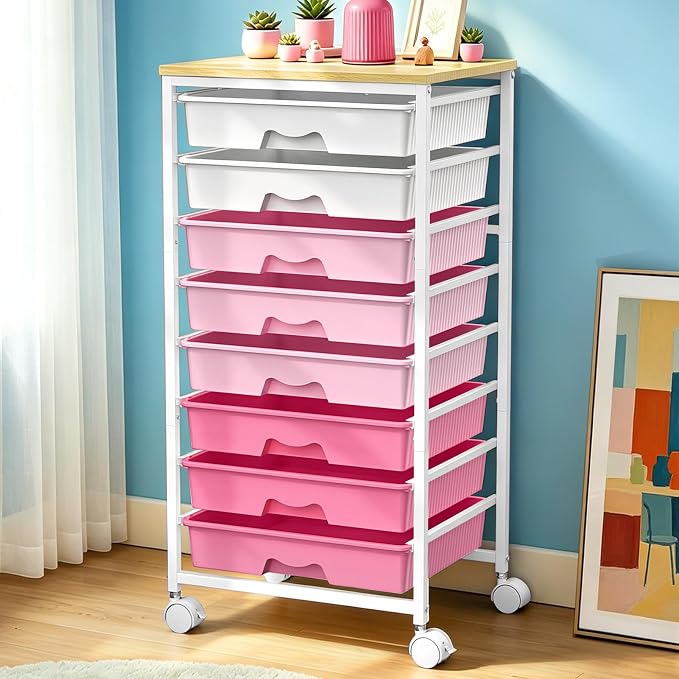 SUNALLY Rolling Cart With 8 Drawers, Storage Drawer Cart for Craft Art,Pink | Storage Utility Cart with Wooden Tabletop & 2 Lockable Wheels, Teacher Storage Cart for Classroom School Storage, Makeup,Nail