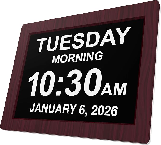 American Lifetime New 2026 Dementia Clock Large Digital Clock for Seniors, Alzeimer Clock Large Display with Custom Alarms, Clock with Day & Date for Elderly, Digital Calendar Premium Mahogany 12"