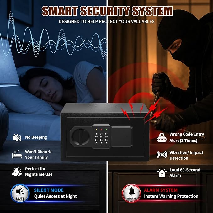 𝟑𝟓-𝐌𝐢𝐧 𝟏𝟖𝟎𝟎°𝐅 Mini Fireproof Safe, 15.4 Lbs Heavy Duty Safe Box | Small Fire Safe with Alarm System, Sensor LED Light, Wall Mountable Design for Home & Office Storage of Cash, Passport